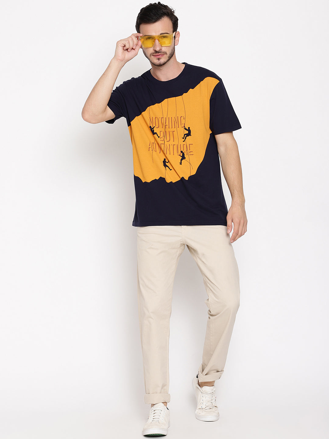 Nothing But Adventure Navy Blue with Yellow Printed Men T-Shirt Wolfpack