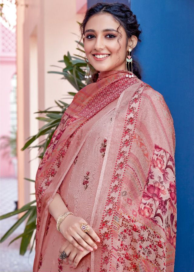 KALA ORGANZA ORIENTAL PINK PURE MASLIN UNSTITCHED SALWAR SUIT Diti