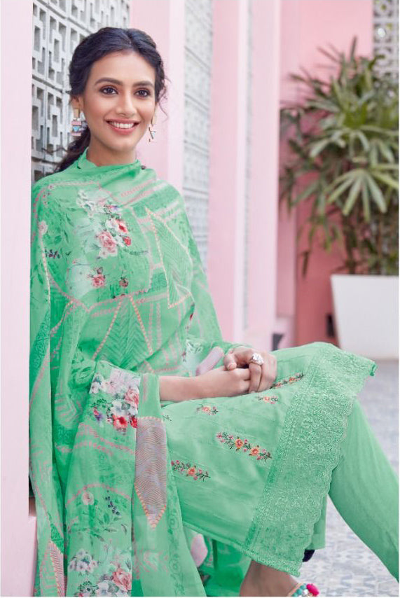 KALA ORGANZA SILVER TREE GREEN PURE MASLIN UNSTITCHED SALWAR SUIT Diti