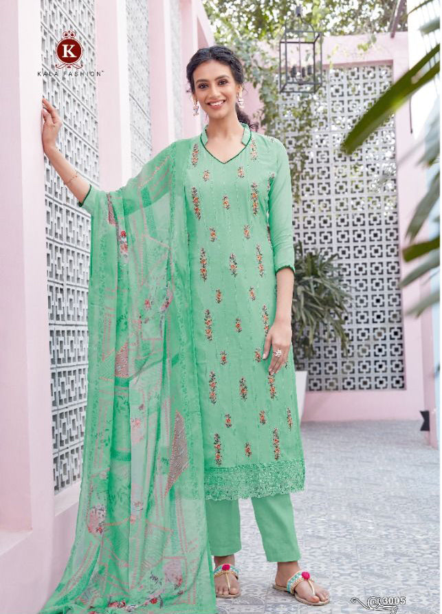 KALA ORGANZA SILVER TREE GREEN PURE MASLIN UNSTITCHED SALWAR SUIT Diti