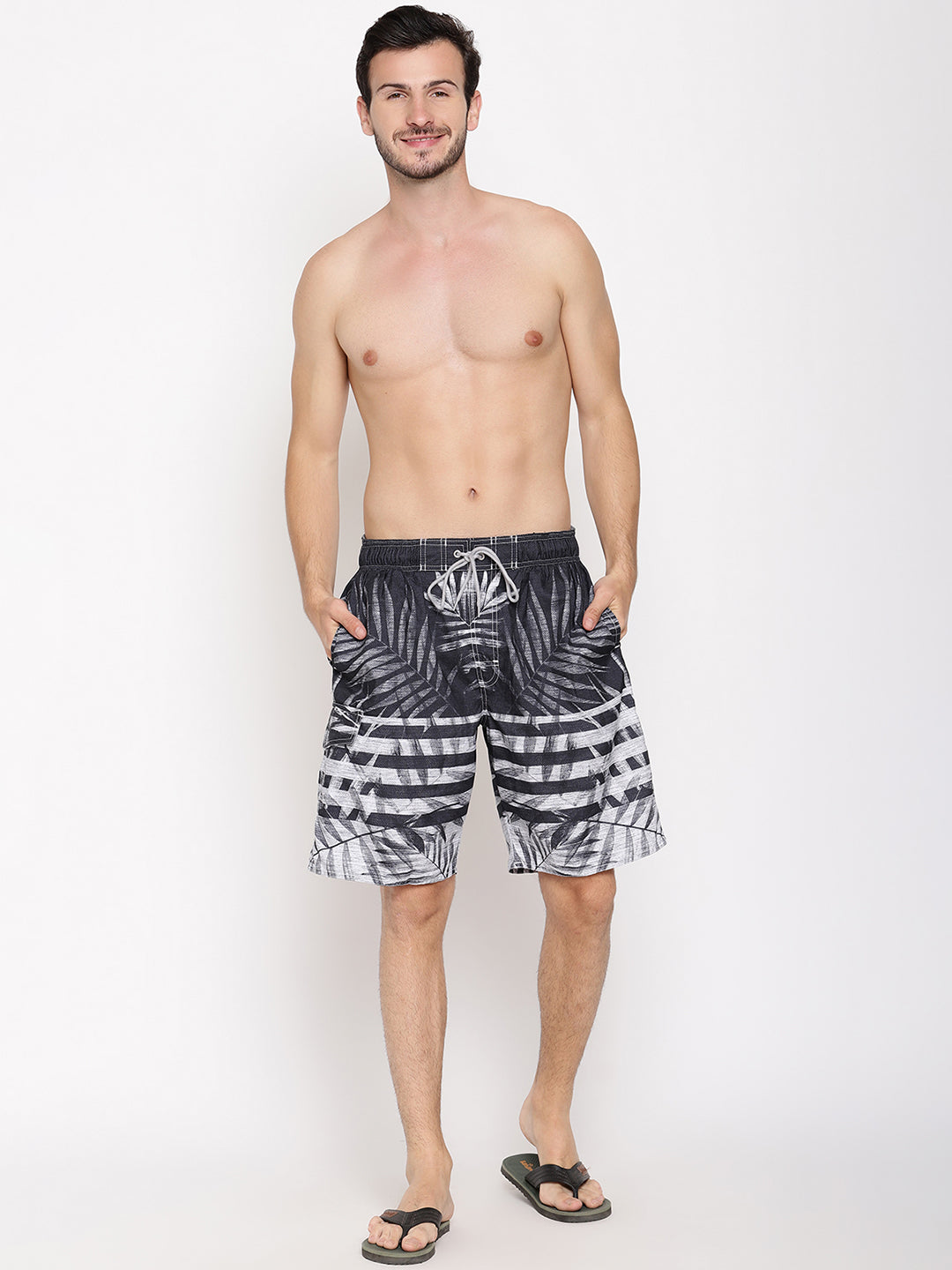 Wolfpack Men Grey Leaf Print Swim Shorts Wolfpack