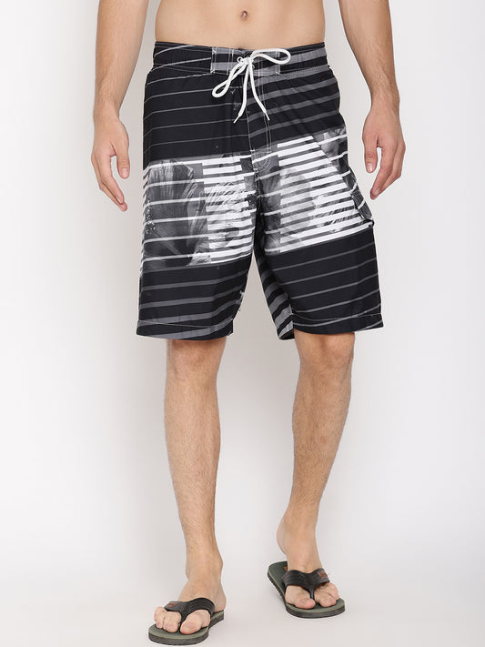 Wolfpack Men White and Grey Striped Print Swim Shorts Wolfpack