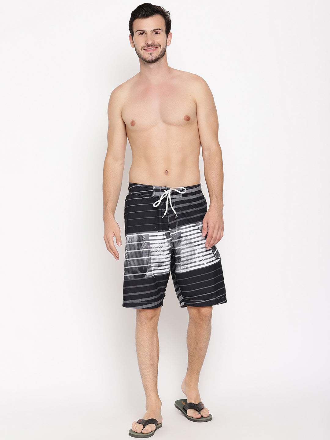 Wolfpack Men White and Grey Striped Print Swim Shorts Wolfpack