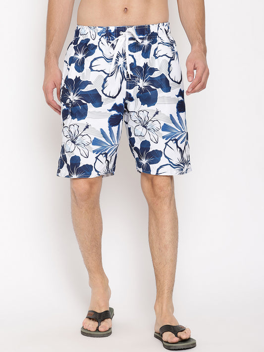 Wolfpack Men White Flower Print Swim Shorts Wolfpack