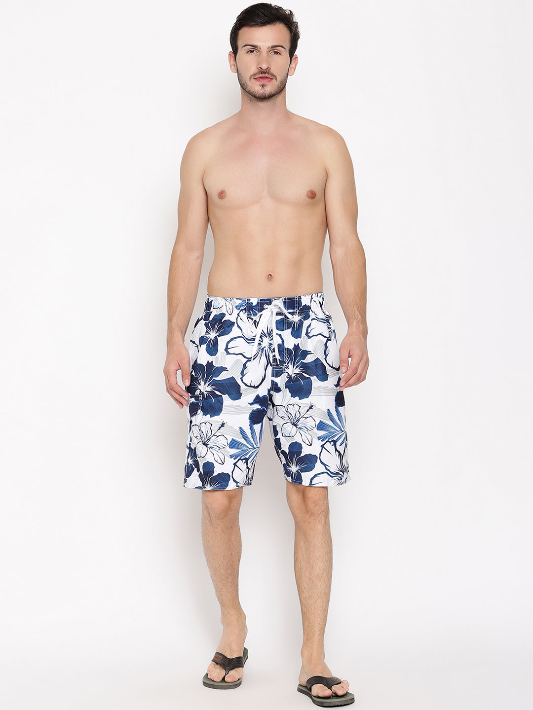 Wolfpack Men White Flower Print Swim Shorts Wolfpack