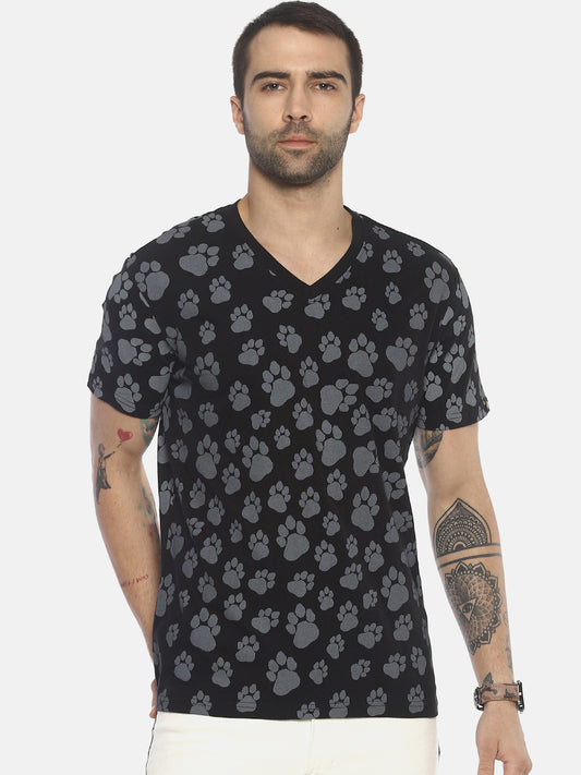 Wolfpack Men V Neck Black Printed T-Shirt Wolfpack