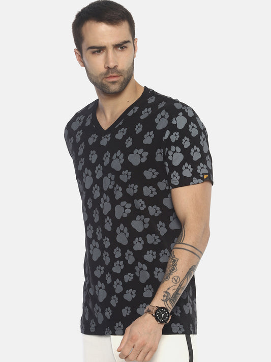 Wolfpack Men V Neck Black Printed T-Shirt Wolfpack