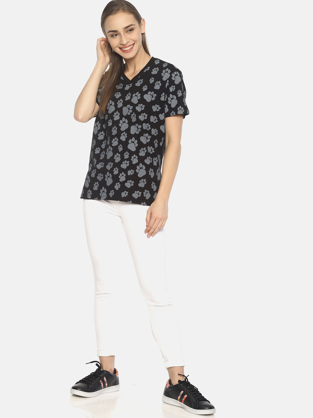 Wolfpack Women Black Pug Mark Printed T-Shirt Wolfpack