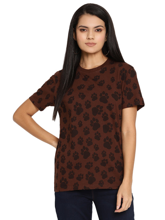 Wolfpack Pug Mark Choco Brown Printed Women T-Shirt Wolfpack