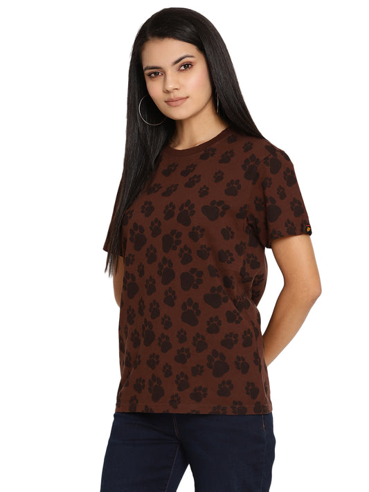 Wolfpack Pug Mark Choco Brown Printed Women T-Shirt Wolfpack