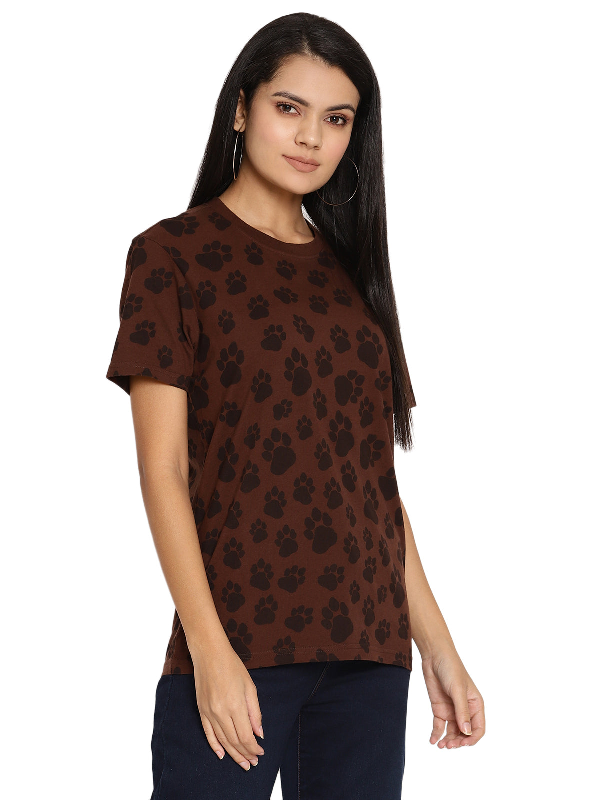 Wolfpack Pug Mark Choco Brown Printed Women T-Shirt Wolfpack