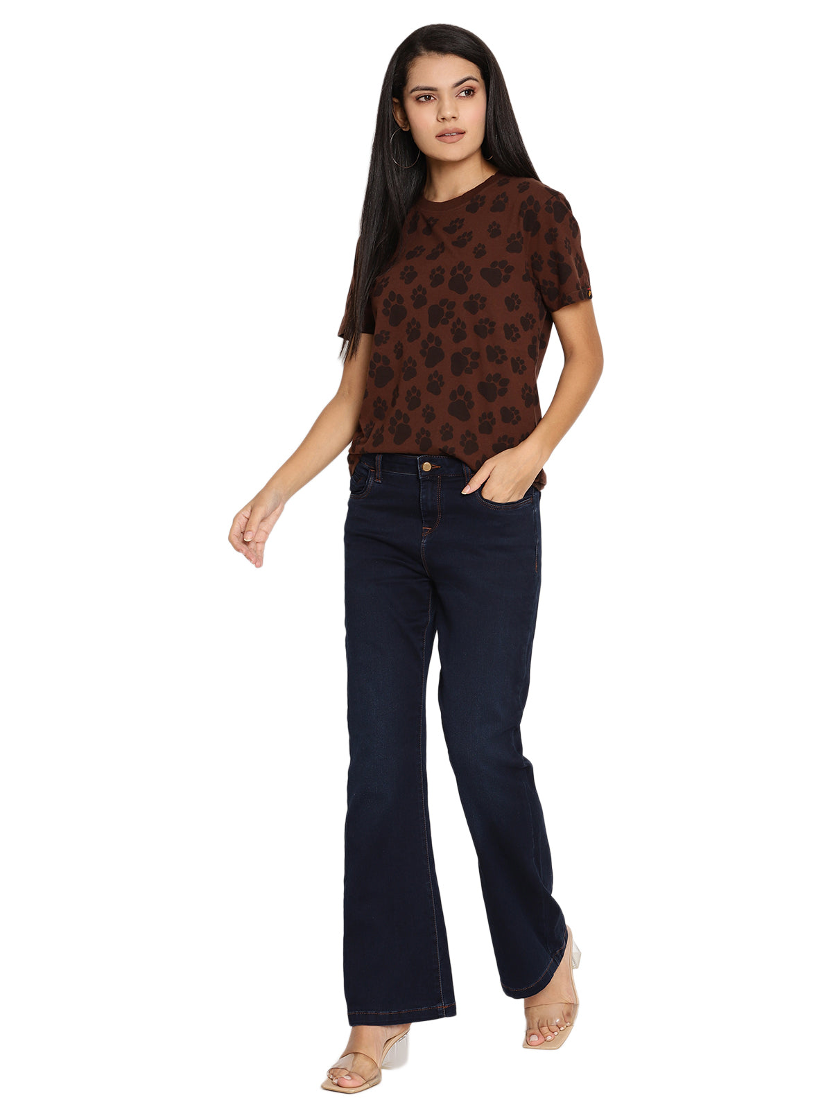 Wolfpack Pug Mark Choco Brown Printed Women T-Shirt Wolfpack