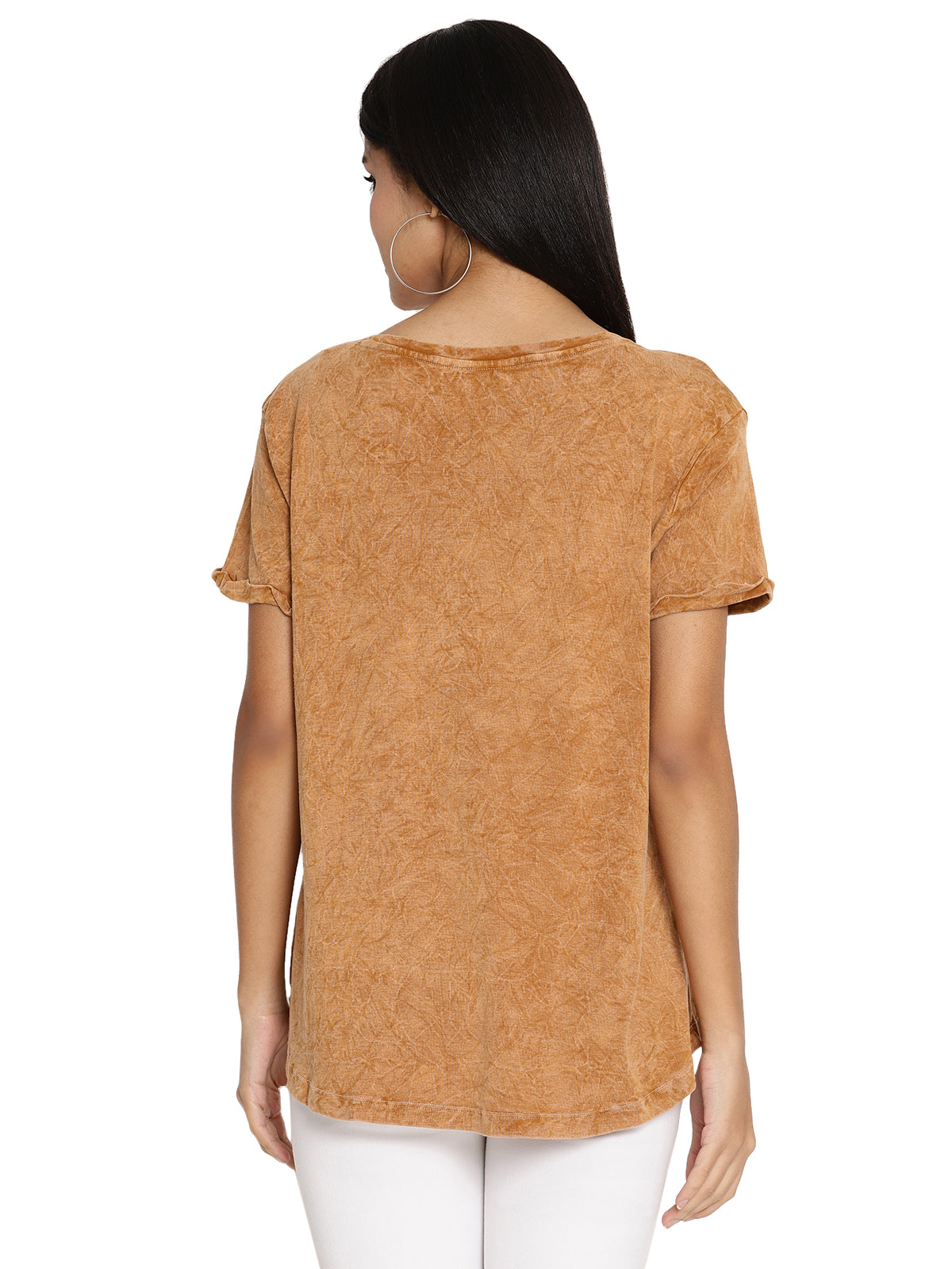 Wolfpack Rugged Sleeve Crinkle Wash Golden Brown Women T-Shirt Wolfpack