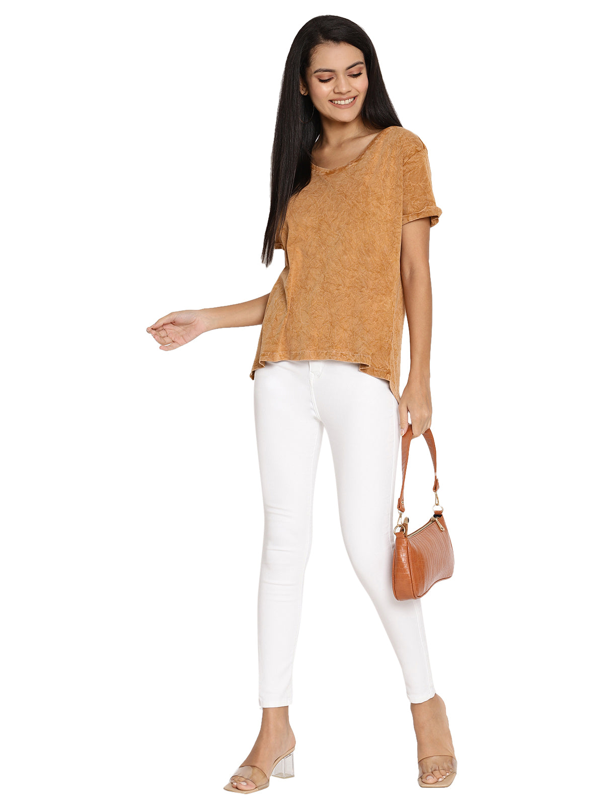 Wolfpack Rugged Sleeve Crinkle Wash Golden Brown Women T-Shirt Wolfpack