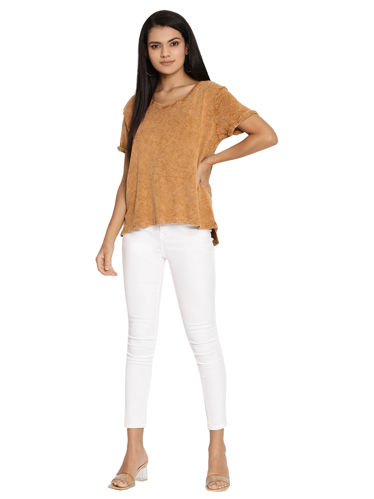 Wolfpack Rugged Sleeve Crinkle Wash Golden Brown Women T-Shirt Wolfpack
