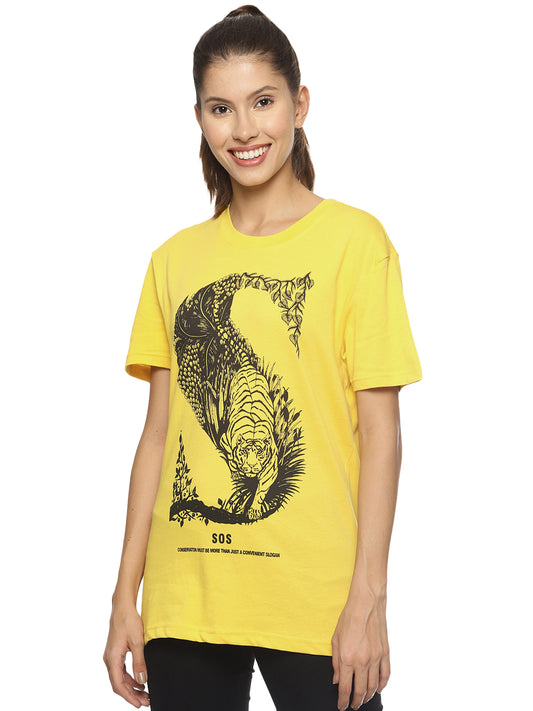 Wolfpack SOS S Tiger Yellow Printed Women T-Shirt Wolfpack