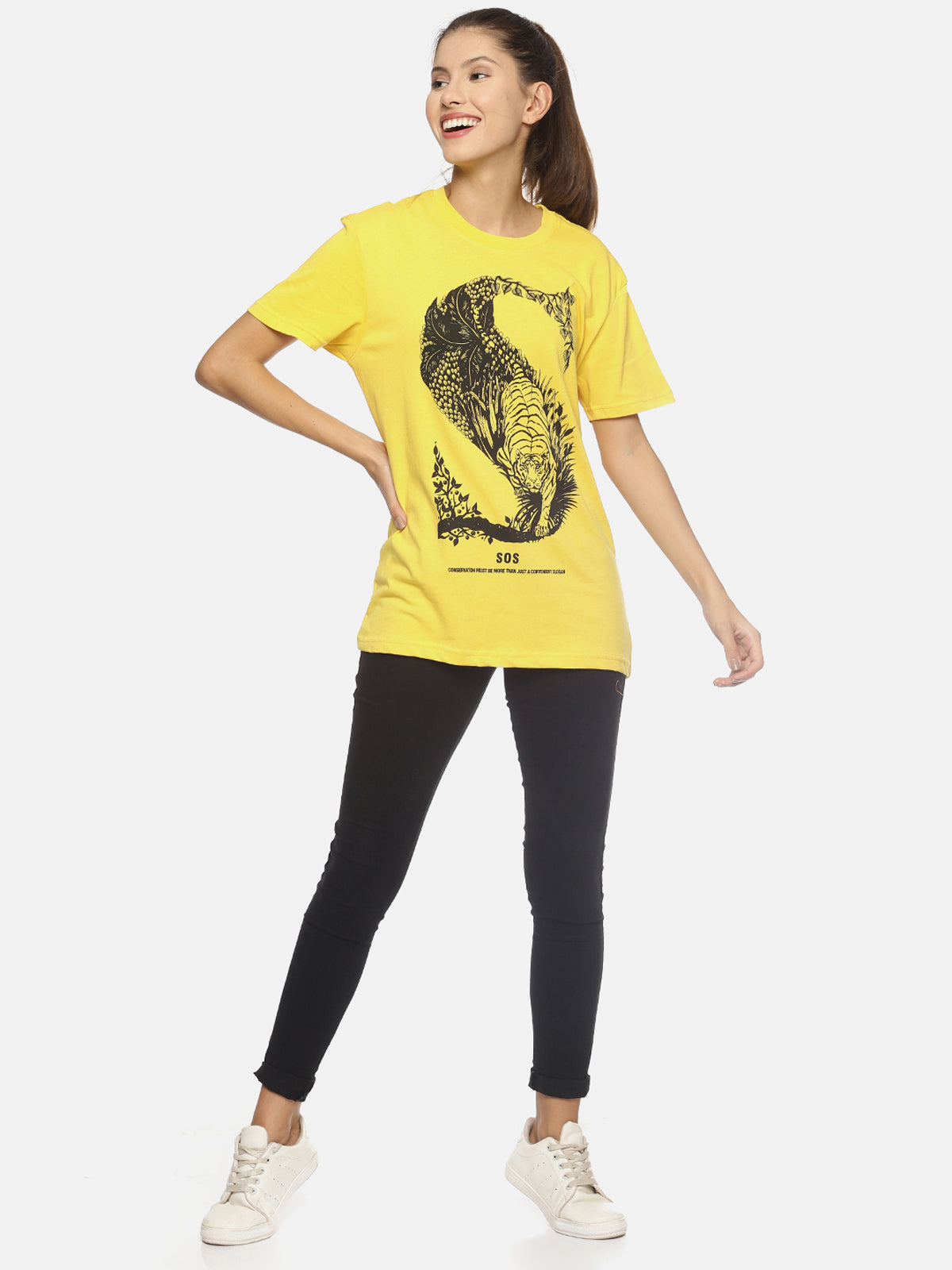 Wolfpack SOS S Tiger Yellow Printed Women T-Shirt Wolfpack