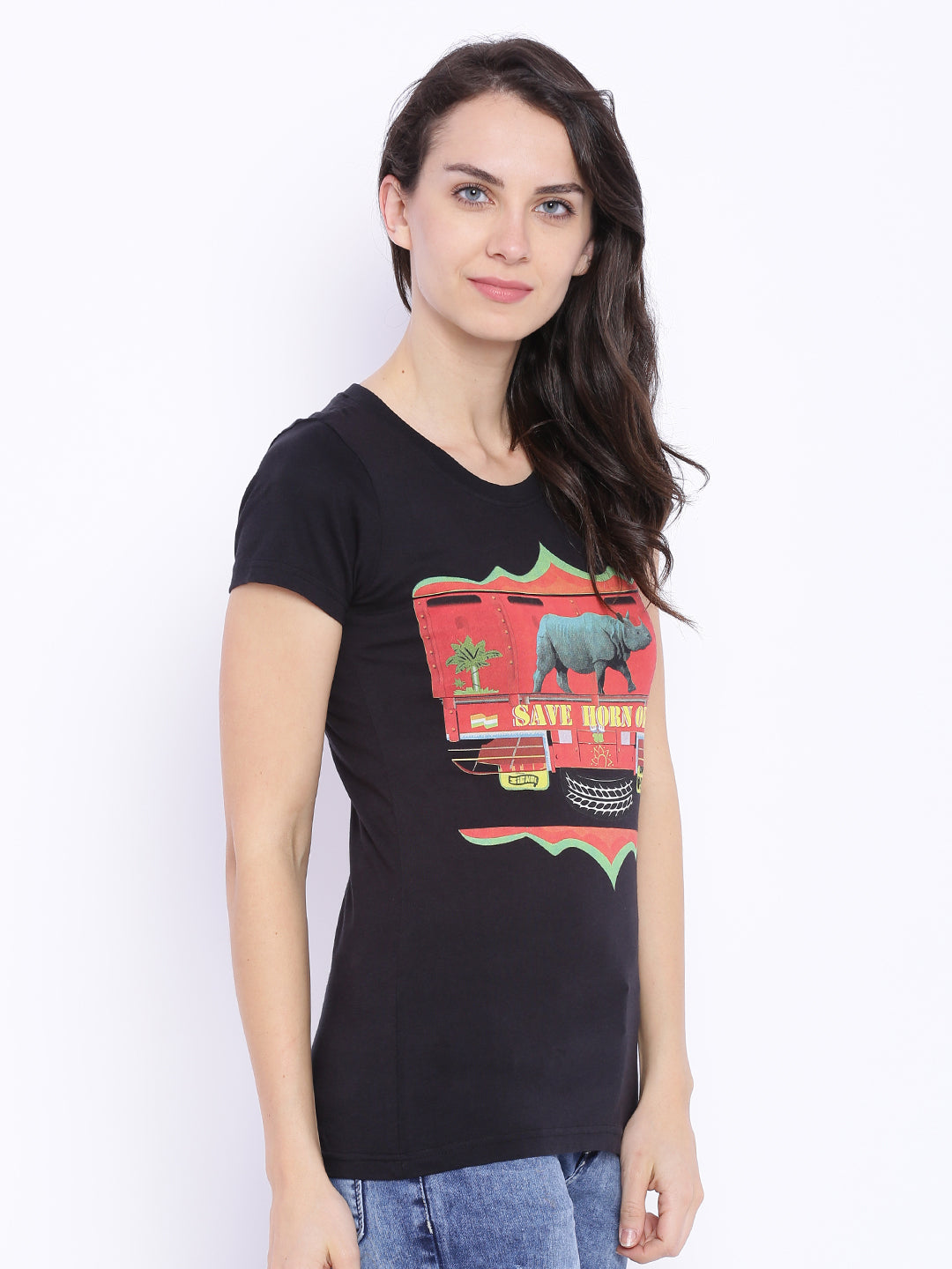 Wolfpack Women Save Horn Ok Black Printed T-Shirt Wolfpack