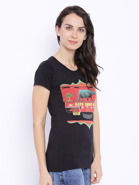 Wolfpack Women Save Horn Ok Black Printed T-Shirt Wolfpack