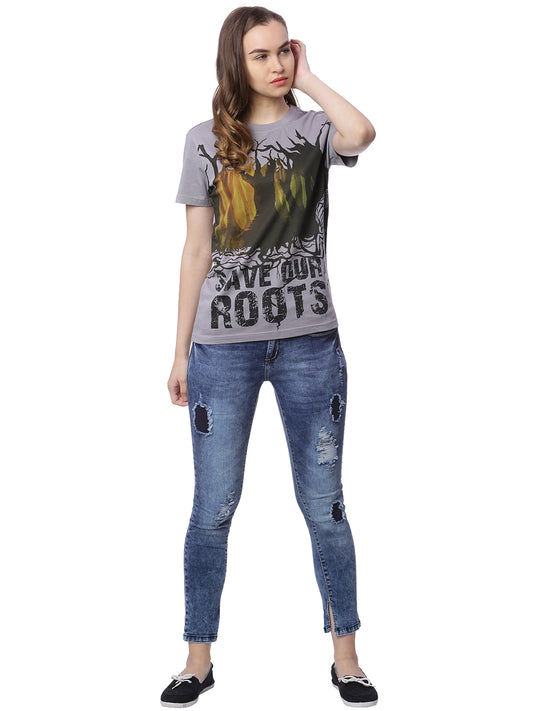 Wolfpack Women Save Our Roots Grey Printed T-Shirt Wolfpack