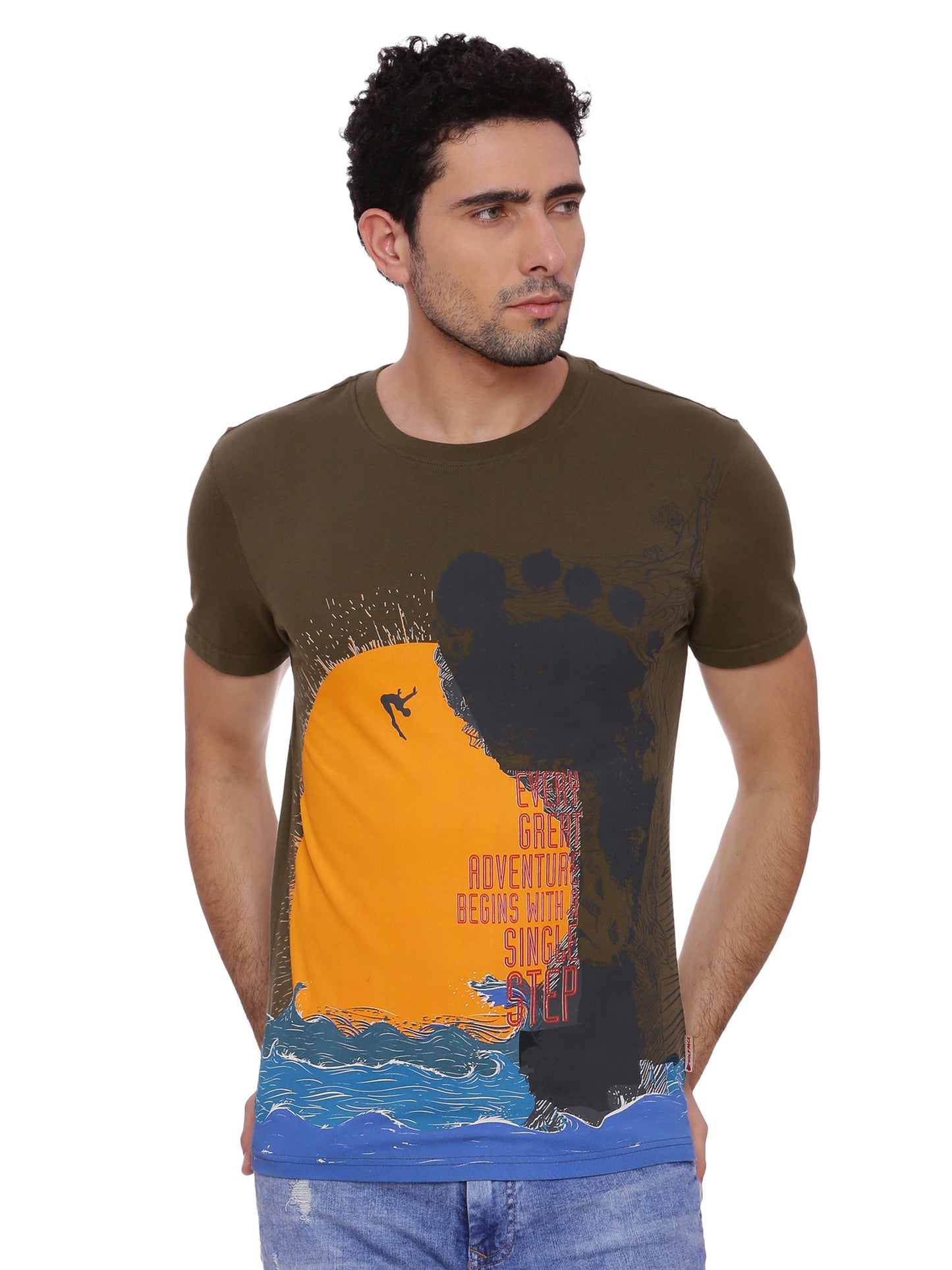 Wolfpack Men Single Step Army Green Printed T-Shirt Wolfpack