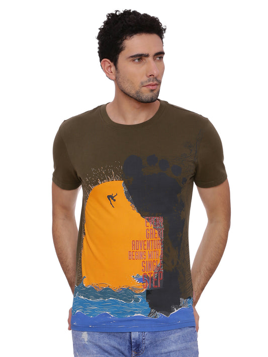 Wolfpack Men Single Step Army Green Printed T-Shirt Wolfpack