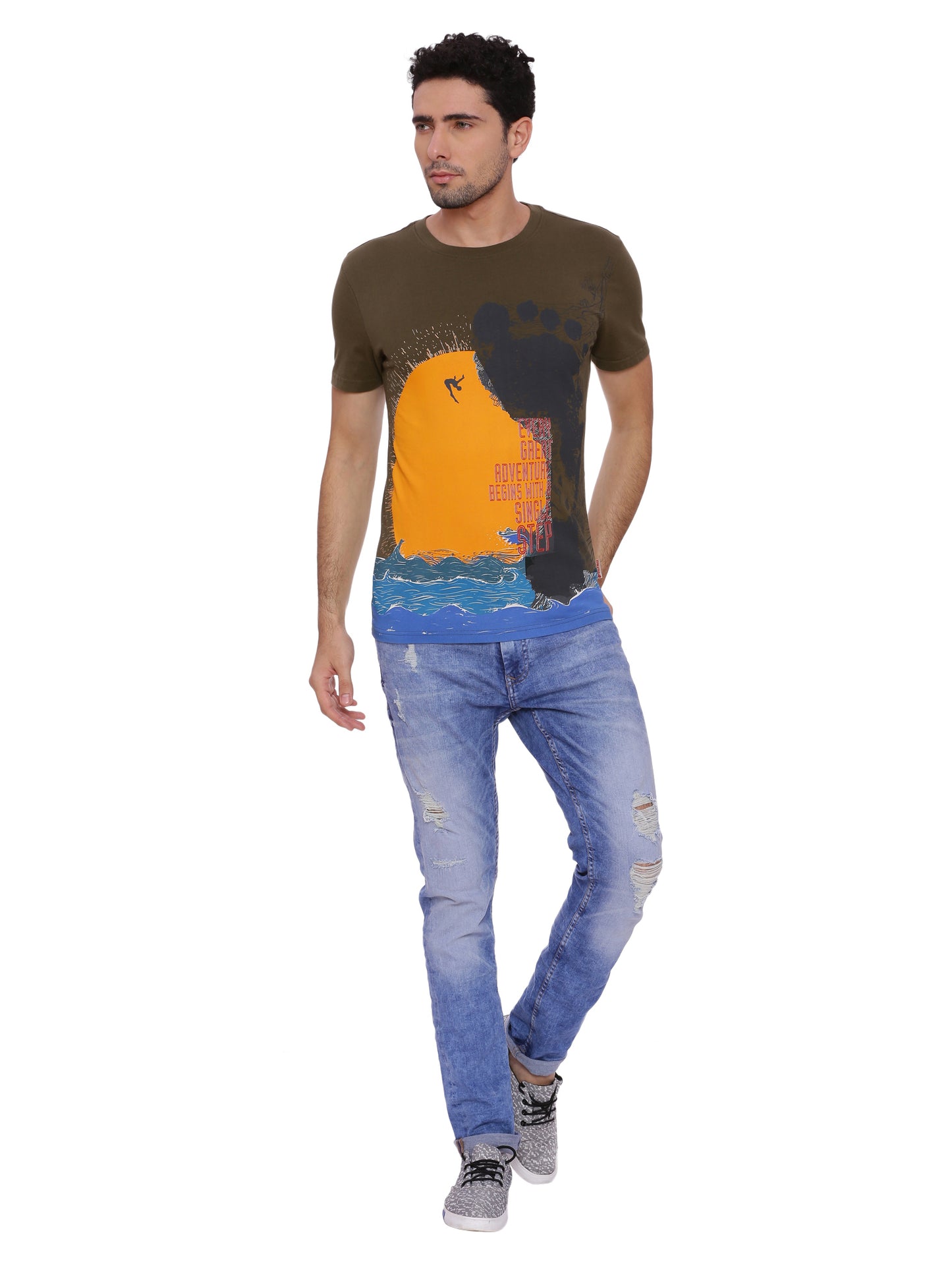 Wolfpack Men Single Step Army Green Printed T-Shirt Wolfpack