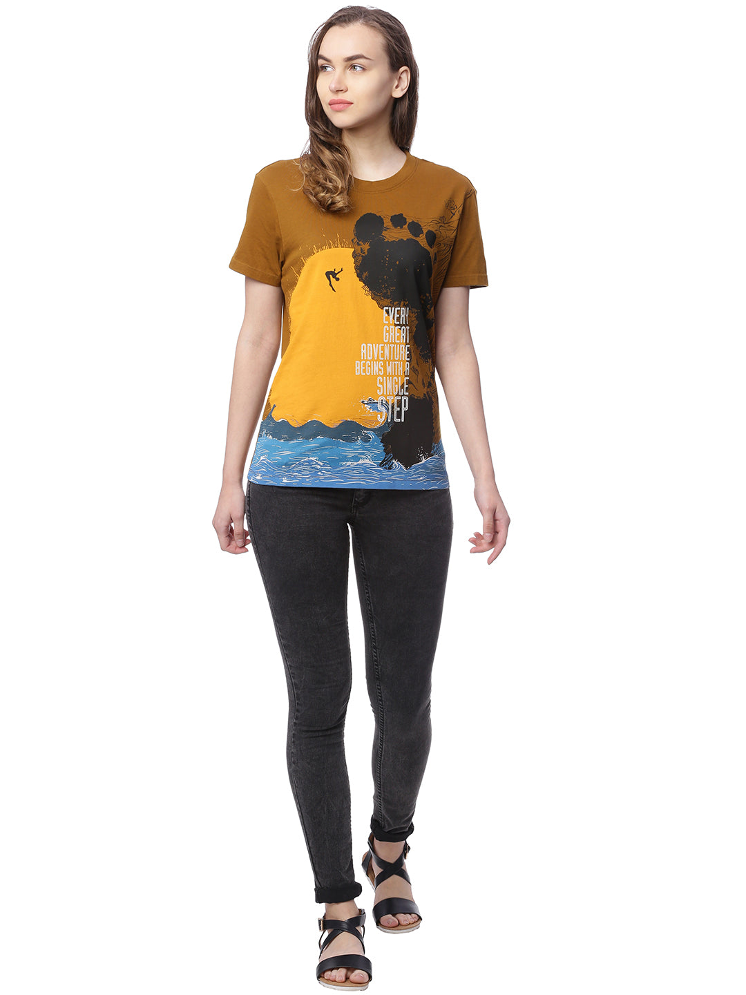 Wolfpack Women Single Step Brown Printed T-Shirt Wolfpack