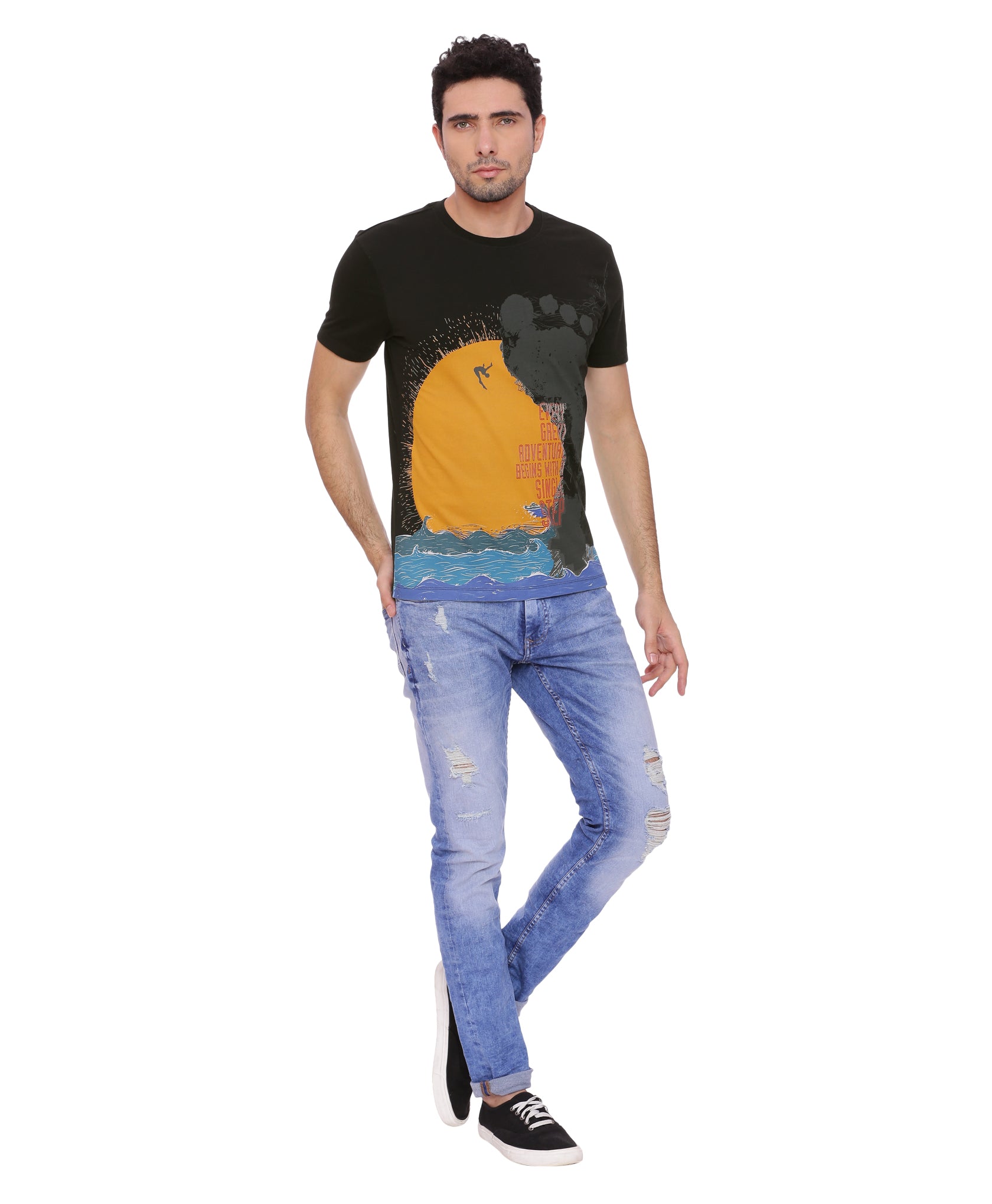 Wolfpack Men Single Step Black Printed T-Shirt Wolfpack