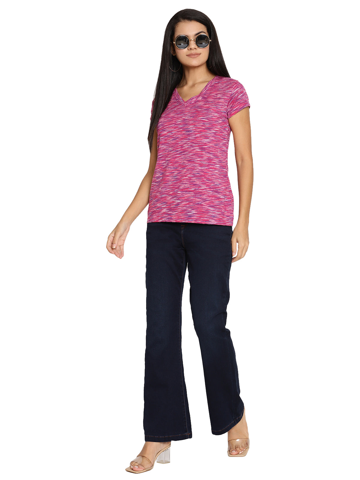 Wolfpack Women Pink Space Dyed V Neck T-Shirt