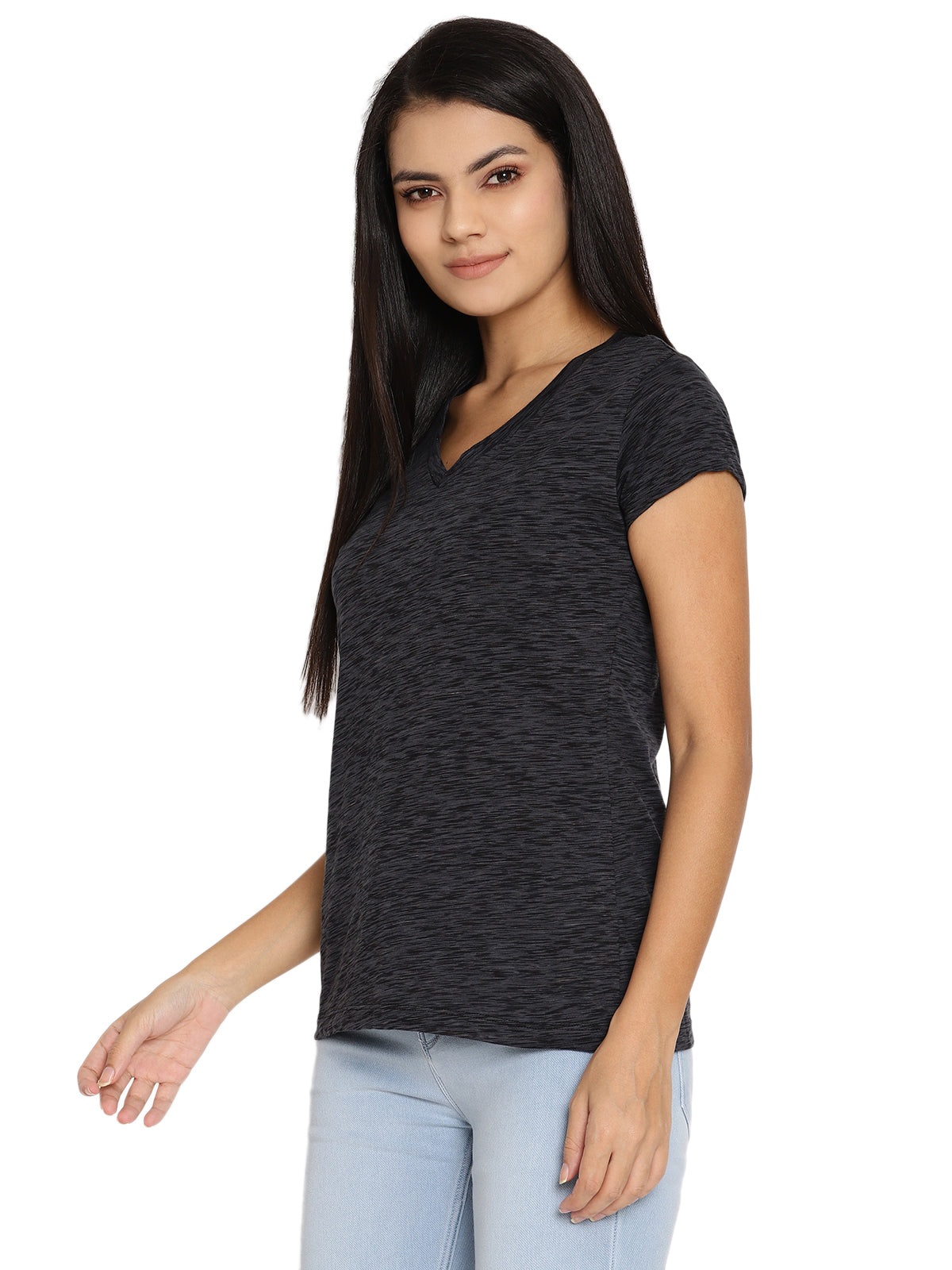 Wolfpack Women Black Space Dyed V Neck T-Shirt