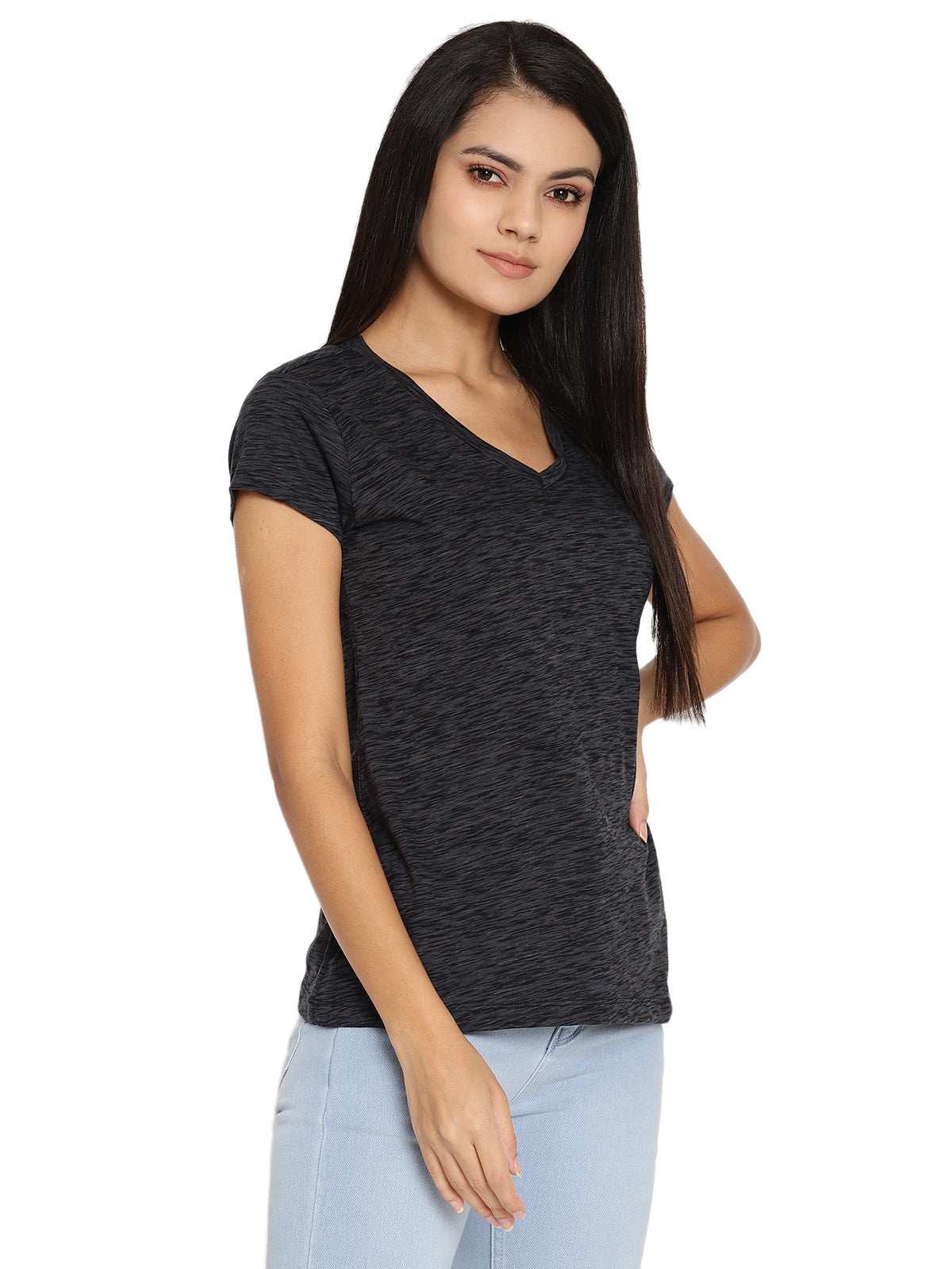 Wolfpack Women Black Space Dyed V Neck T-Shirt