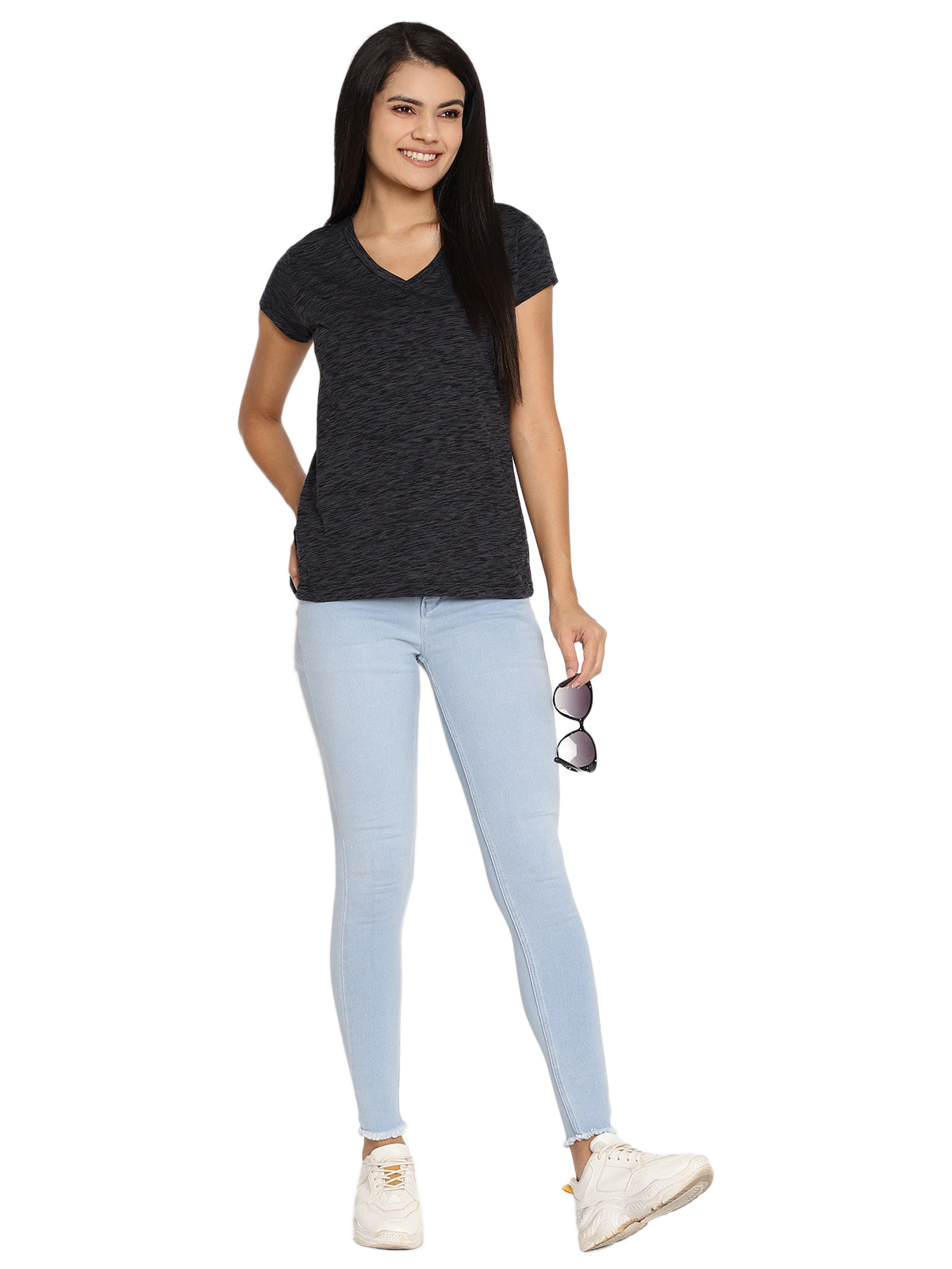 Wolfpack Women Black Space Dyed V Neck T-Shirt