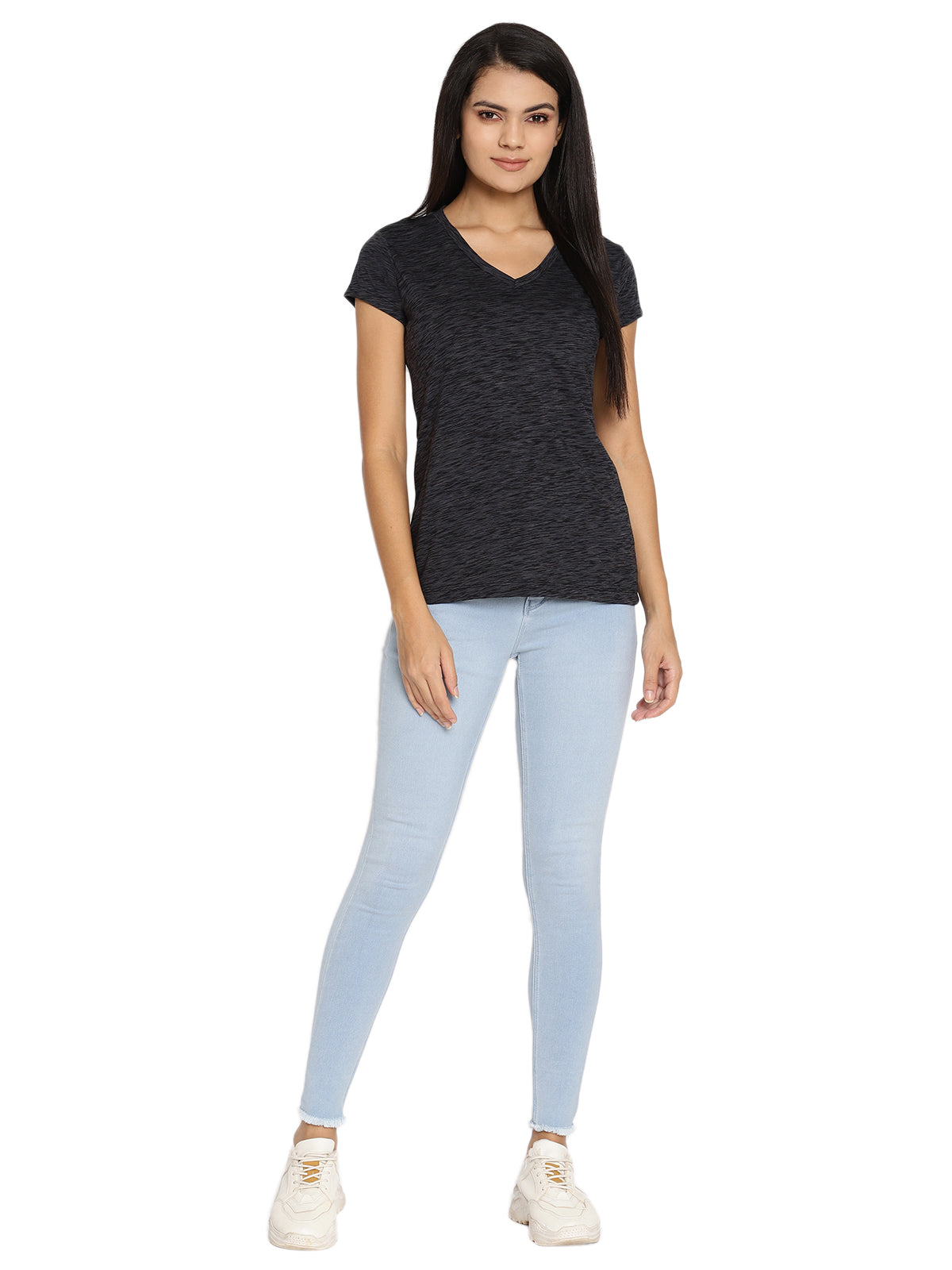 Wolfpack Women Black Space Dyed V Neck T-Shirt