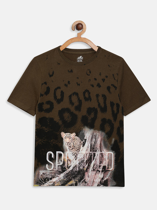Wolfpack Boys Army Green Spotted Printed T-Shirt Wolfpack