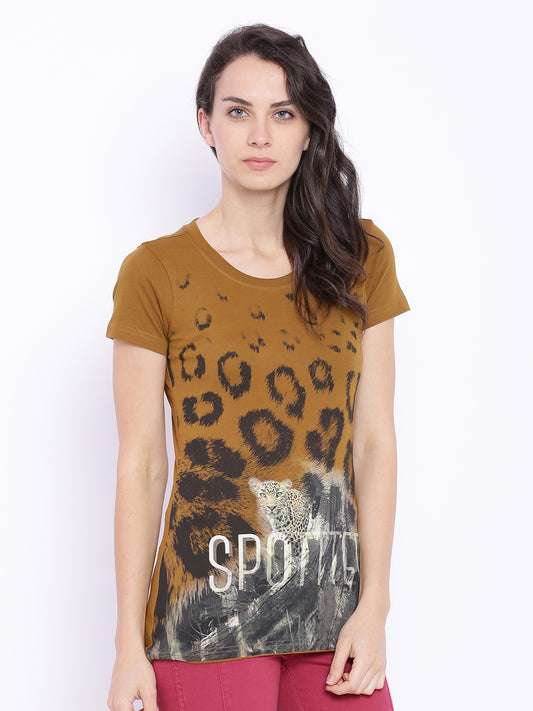 Wolfpack Spotted Greenish Brown Printed Women T-Shirt