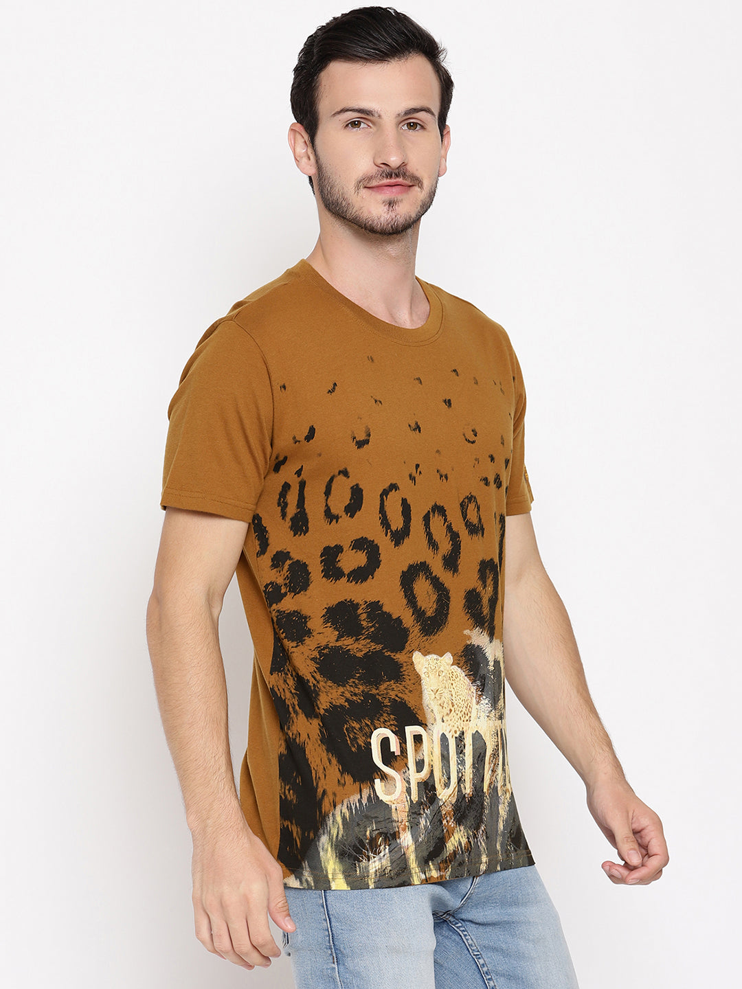 Spotted Greenish Brown Printed Men T-Shirt Wolfpack