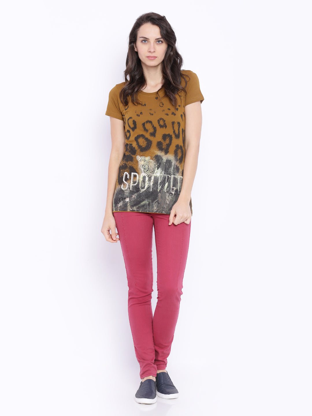Wolfpack Spotted Greenish Brown Printed Women T-Shirt