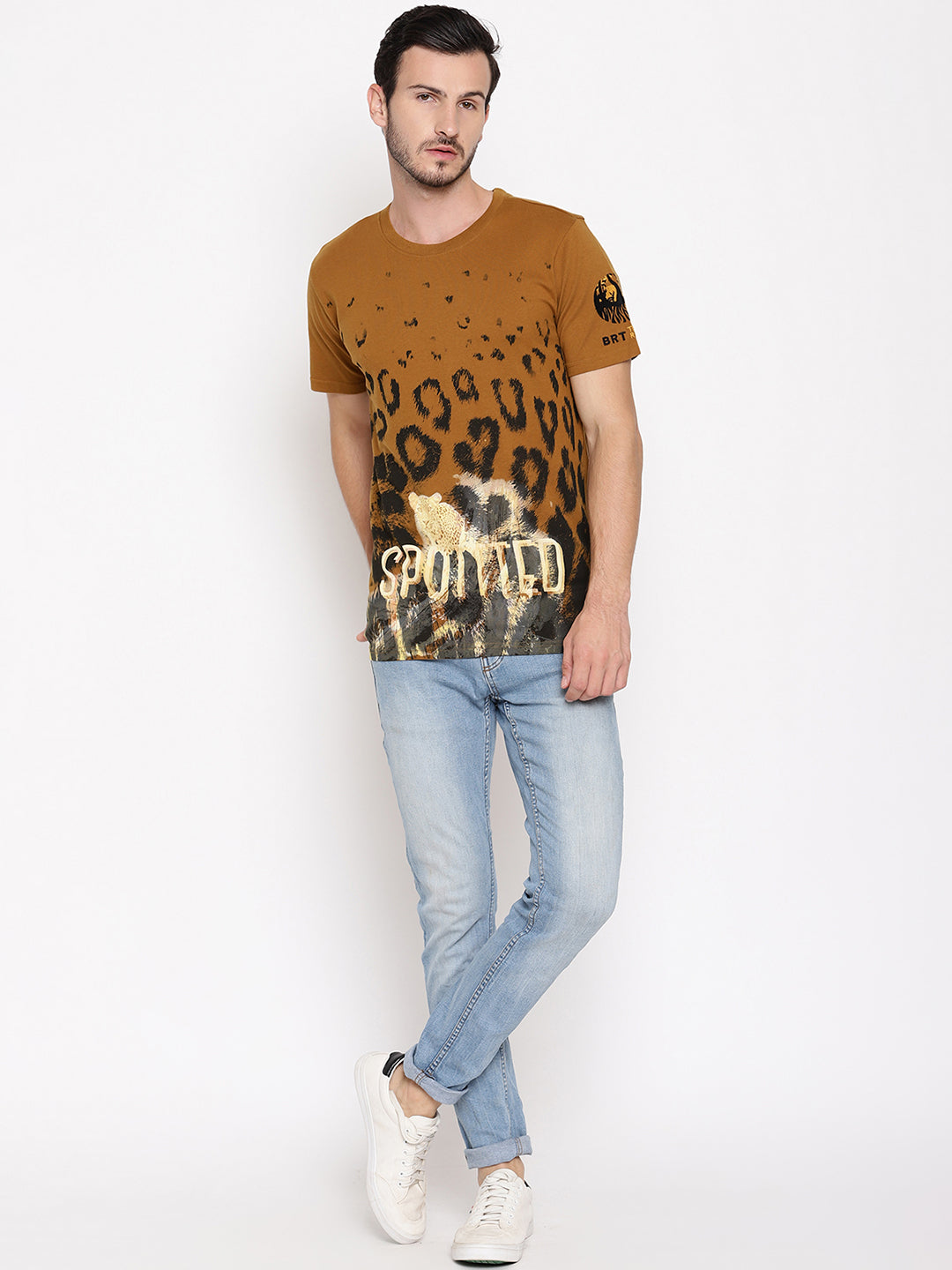 Spotted Greenish Brown Printed Men T-Shirt Wolfpack