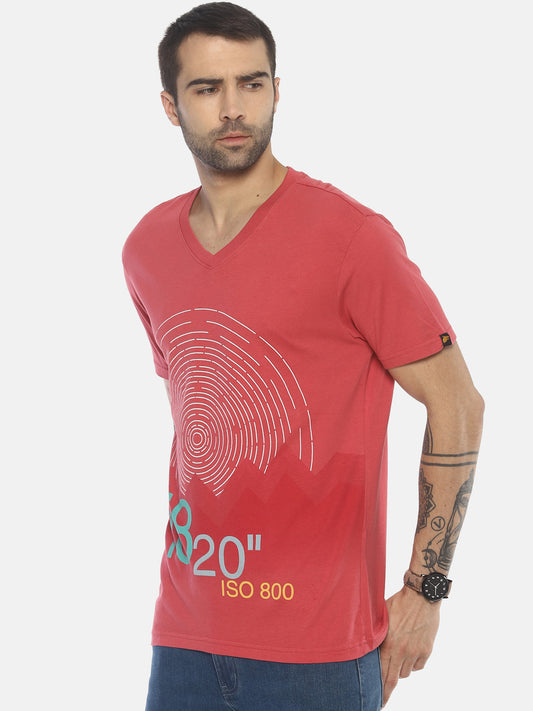 Wolfpack Men Dark Pink V Neck Printed T-Shirt Wolfpack