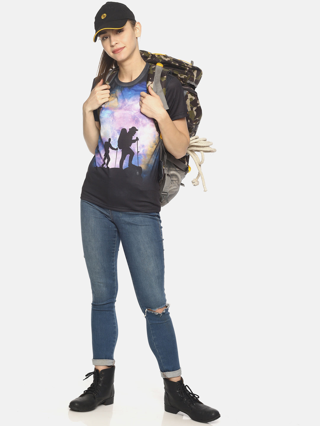 Wolfpack Star Trails Trekking Black Printed Women T-Shirt