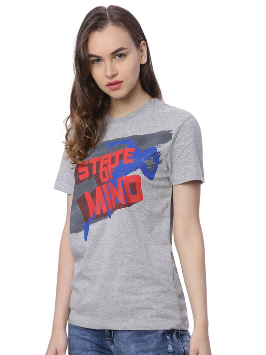 Wolfpack State Of Mind Grey Melange Printed Women T-Shirt