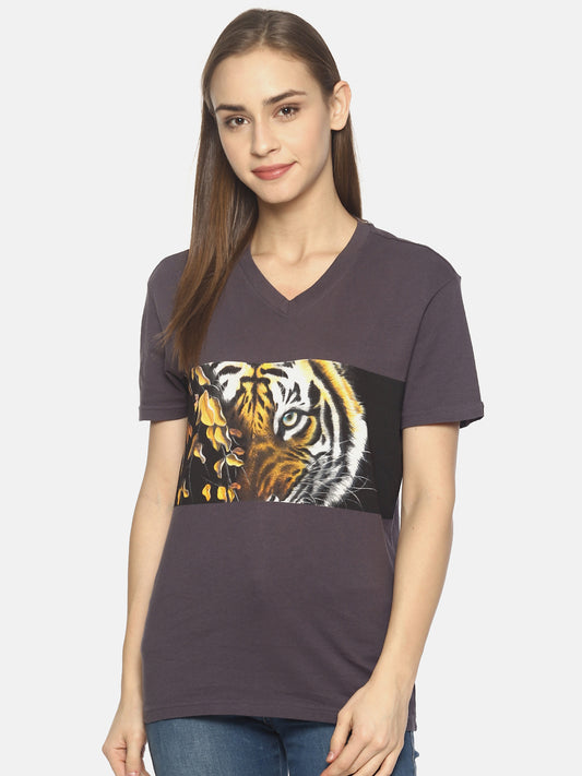 Wolfpack Tiger Eyes with Leaves Dark Grey Printed Women T-Shirt