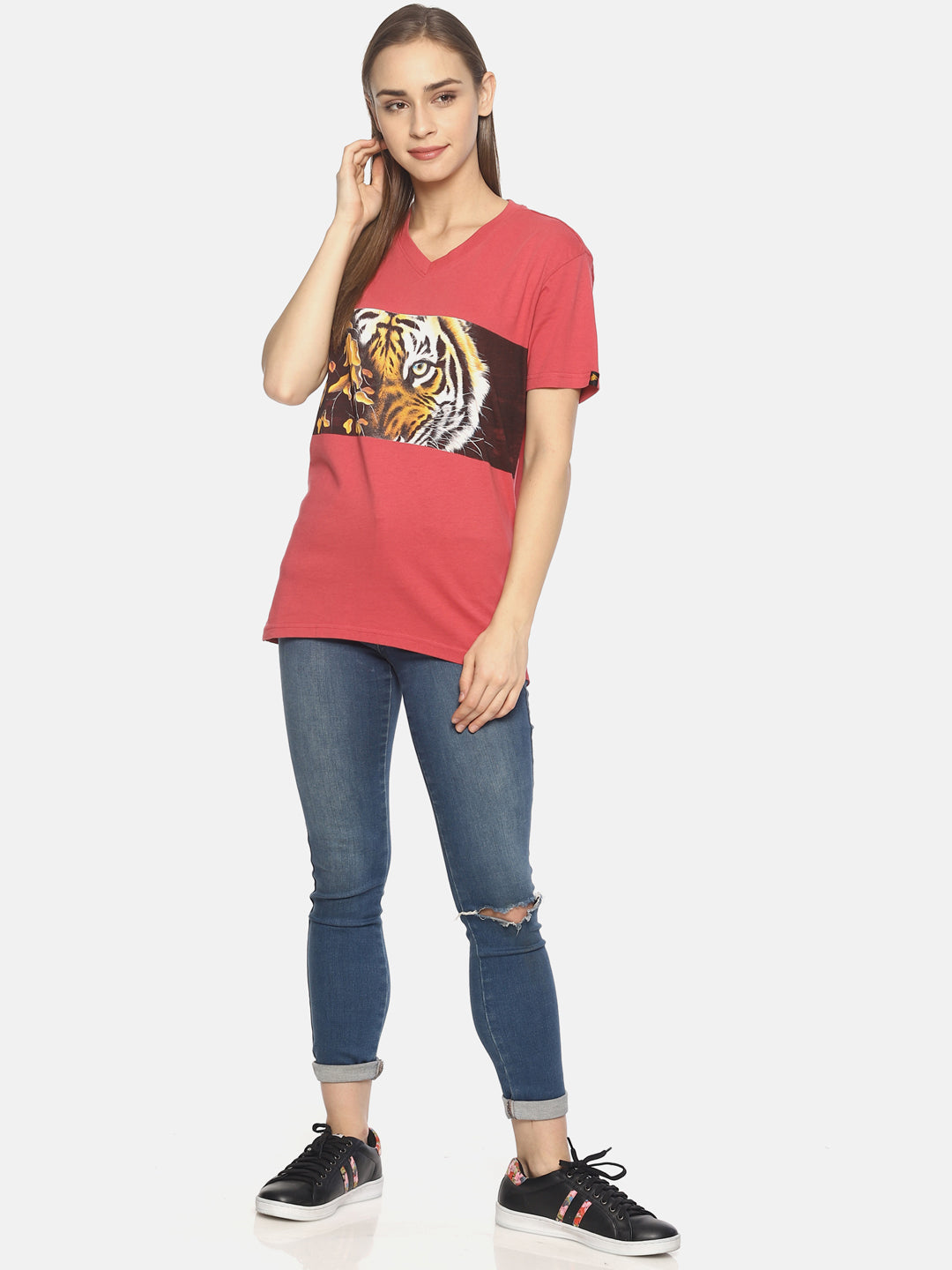 Wolfpack Tiger Eyes with Leaves Dark Pink Women T-Shirt Wolfpack