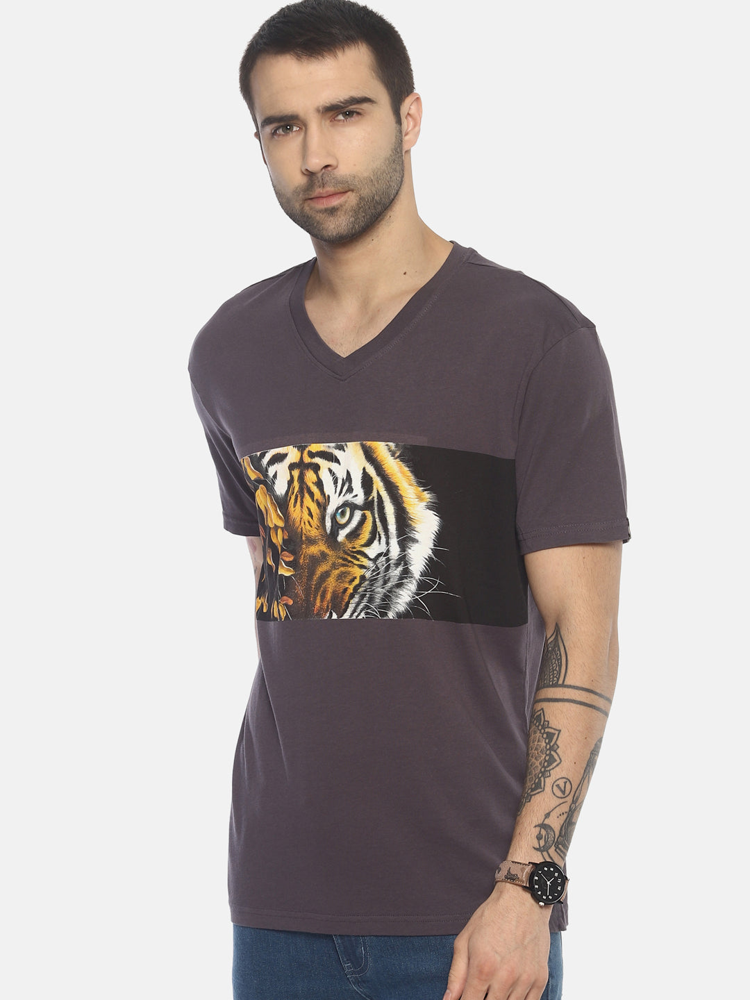 Tiger Eyes With Leaves Dark Grey Printed Men T-Shirt Wolfpack