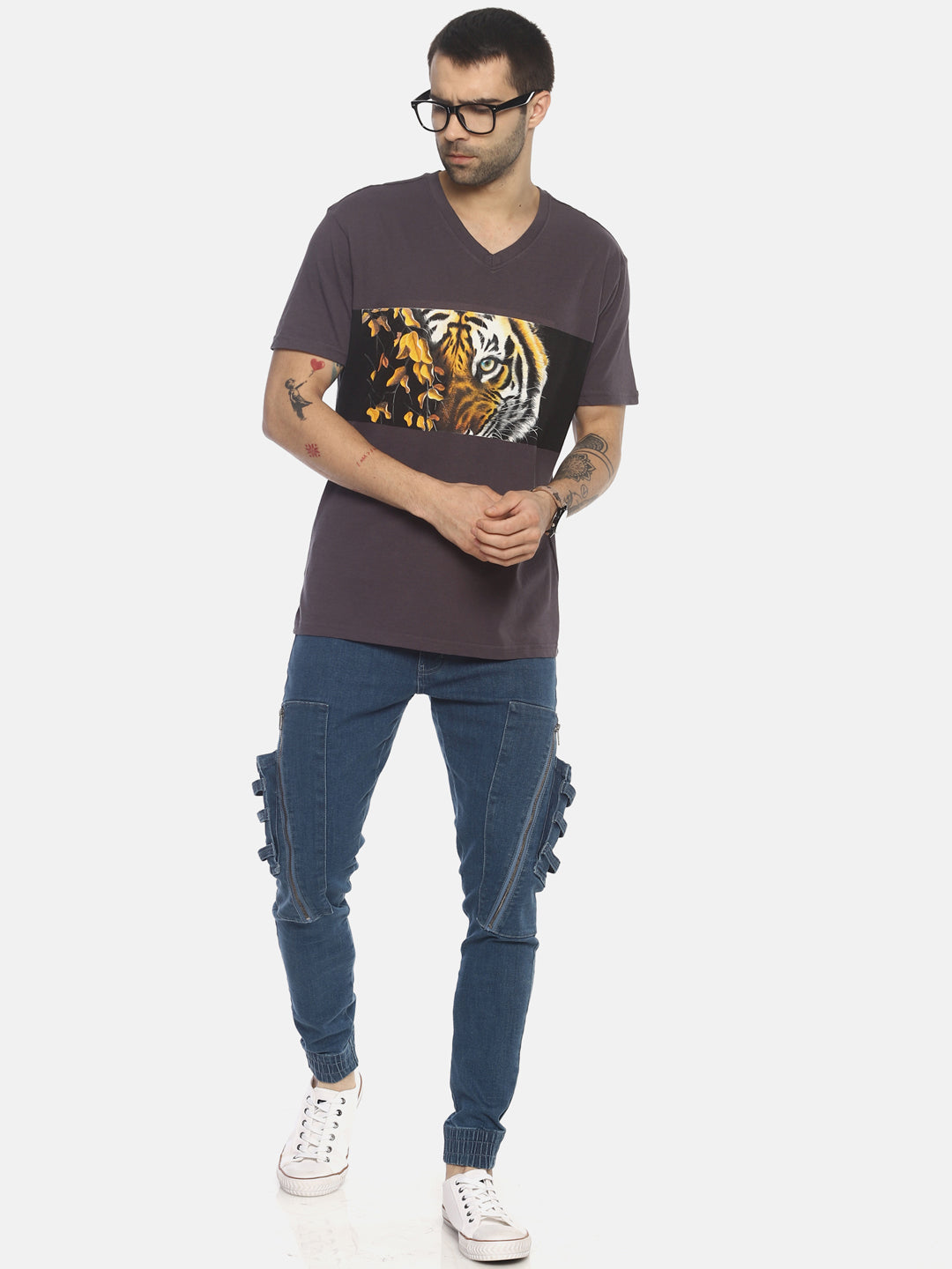 Tiger Eyes With Leaves Dark Grey Printed Men T-Shirt Wolfpack