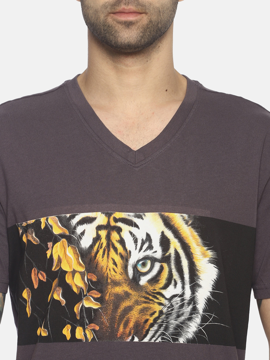 Tiger Eyes With Leaves Dark Grey Printed Men T-Shirt Wolfpack