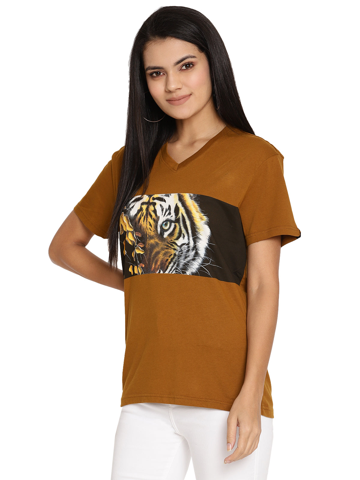 Wolfpack Tiger Eyes with Leaves Golden Brown Printed Women T-Shirt Wolfpack