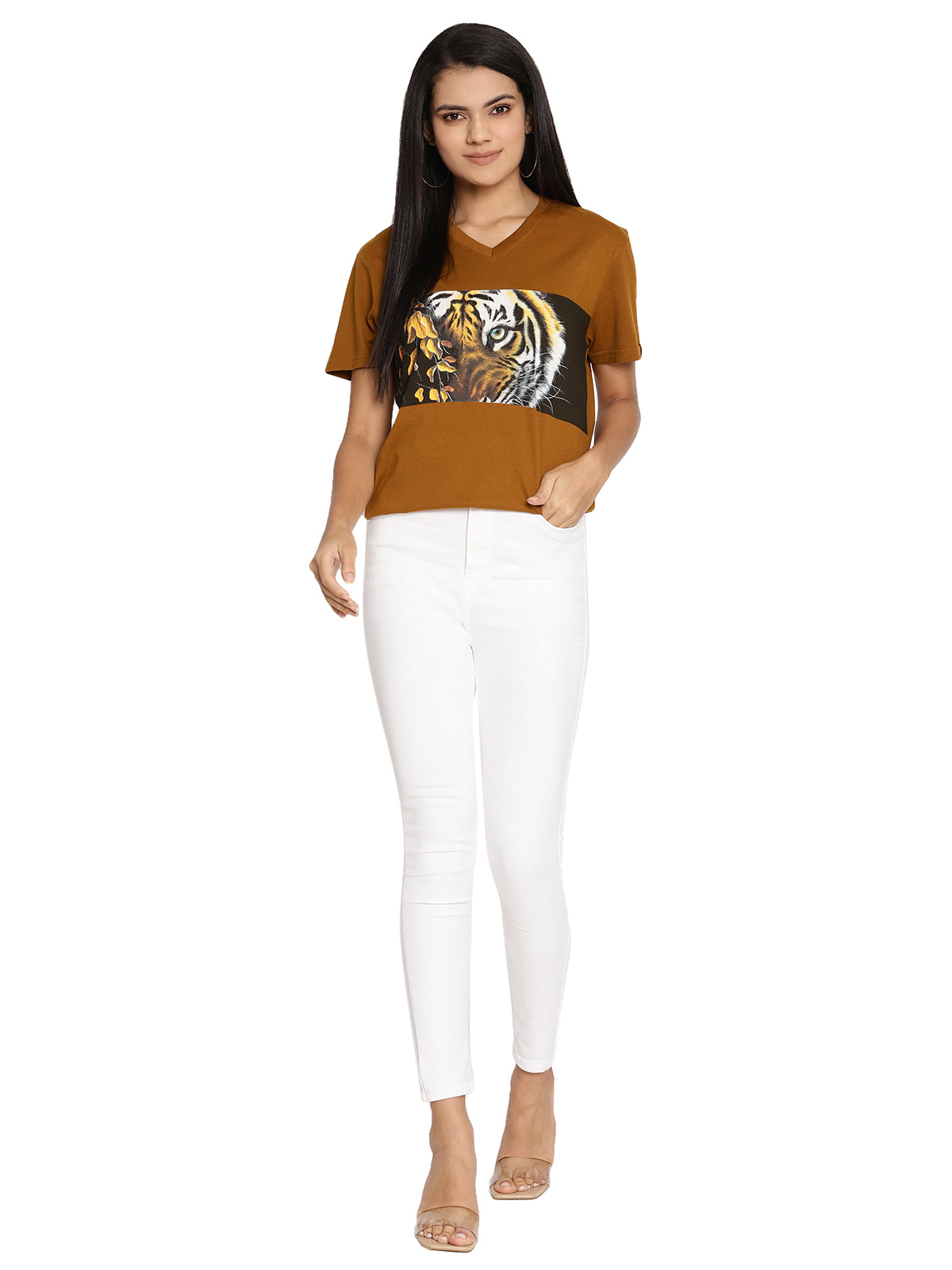 Wolfpack Tiger Eyes with Leaves Golden Brown Printed Women T-Shirt Wolfpack