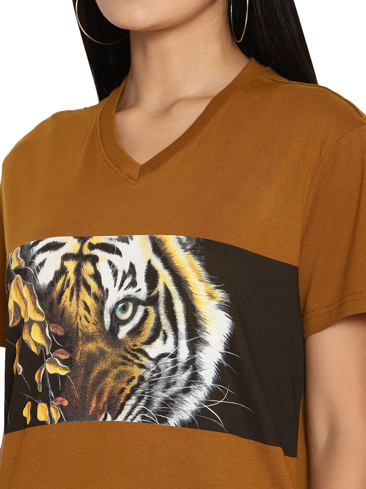 Wolfpack Tiger Eyes with Leaves Golden Brown Printed Women T-Shirt Wolfpack